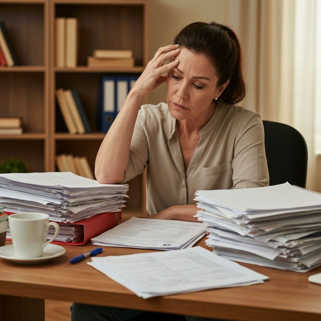 Person looking through stack of medical documents with overwhelmed expression